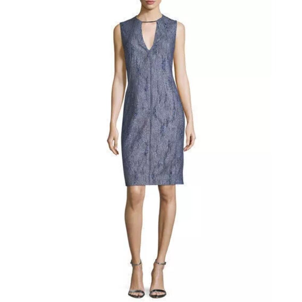 Elie Tahari Sheath Dress Pacey Knit Blue V Cut Out Neck Sleeveless Career Sz 10